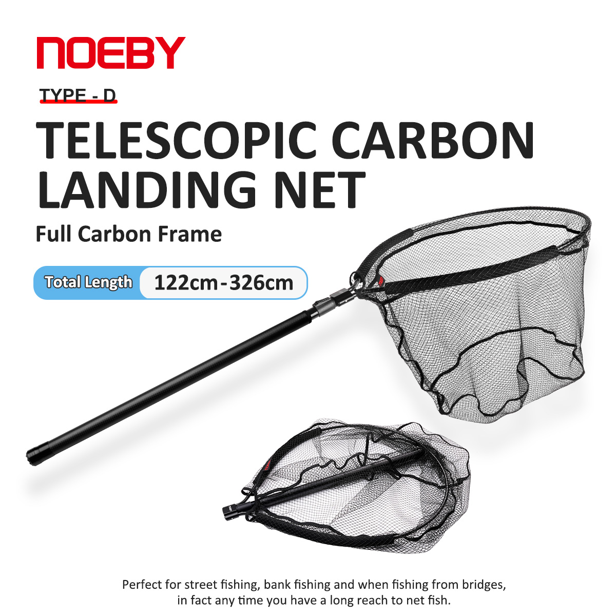 Cycling Landing Gear - NOEBY ตาข่ายจับปลาแบบยืดหดได้ โครงคาร์บอนเต็มรูปแบบ ตาข่ายตกปลาแบบลอยน้ำ พับได้ ด้ามจับยาว